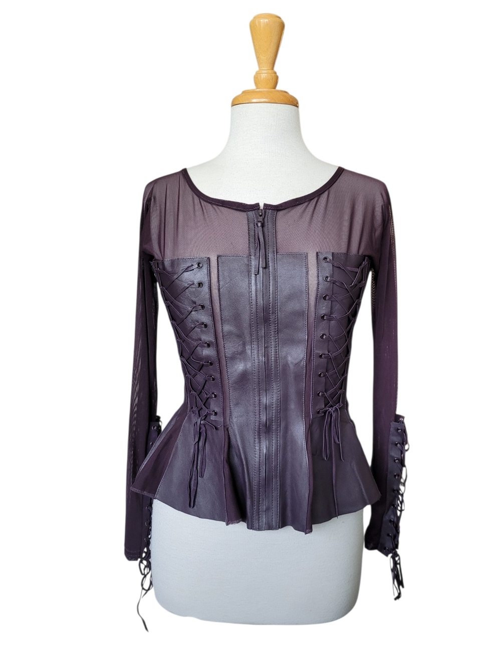 Vintage Lamb Nappa Leather And Mesh Corset Top Long Sleeves Lace-Up Eggplant L